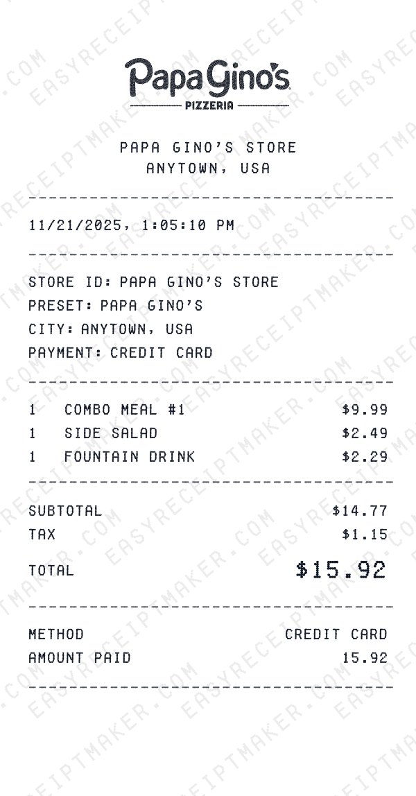 Papa Gino's receipt preview