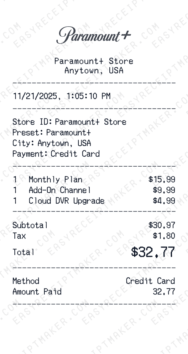 Paramount+ receipt preview