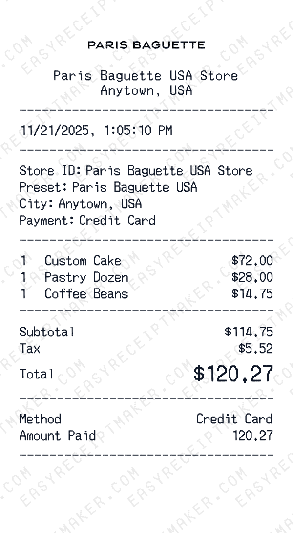 Paris Baguette USA receipt preview