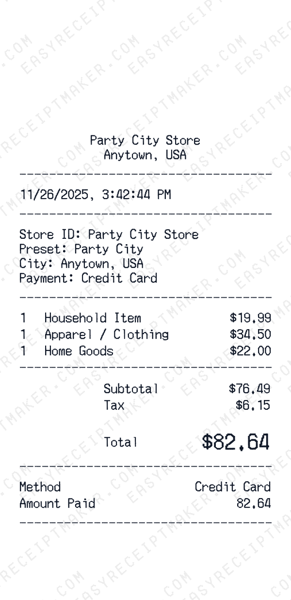 Party City receipt preview