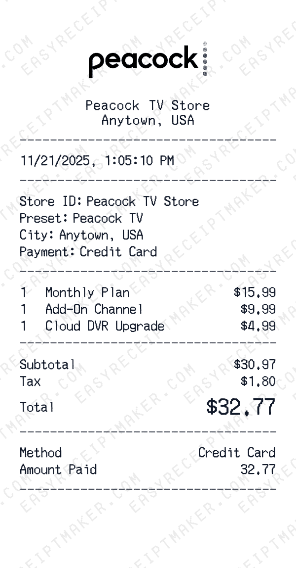 Peacock TV receipt preview