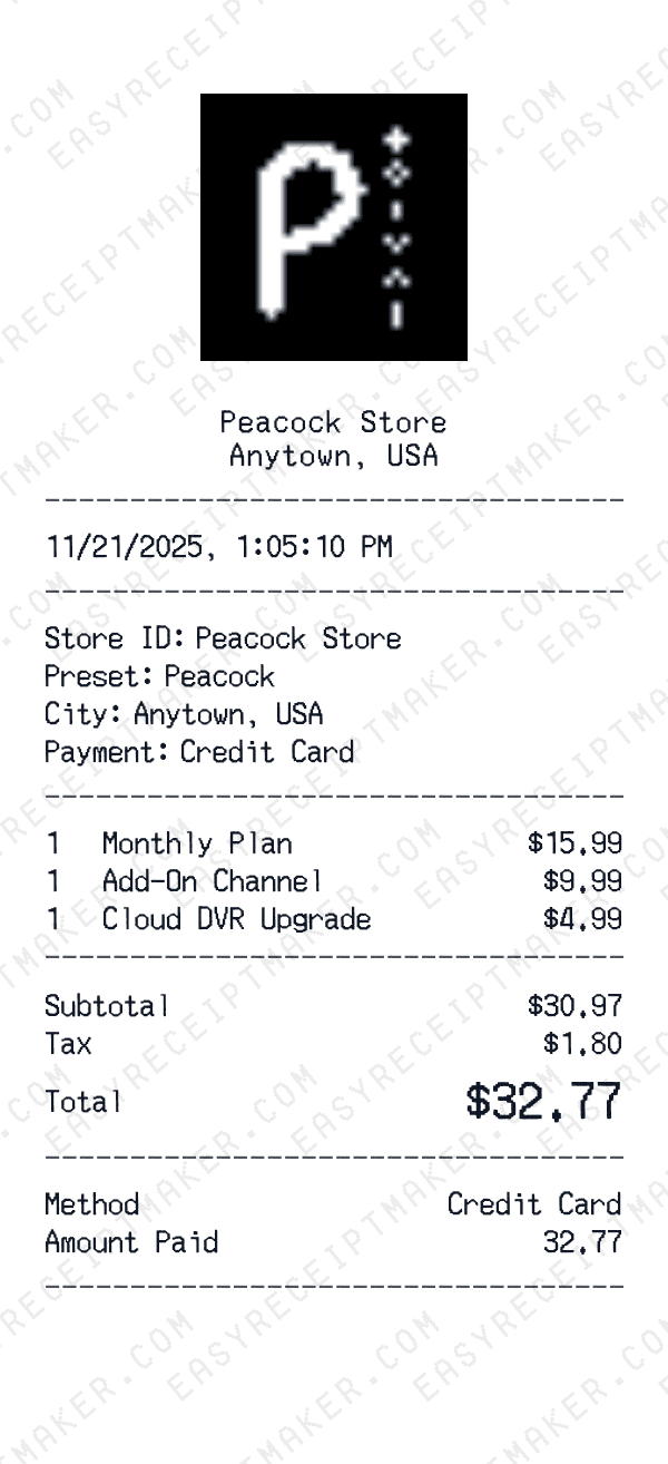 Peacock receipt preview