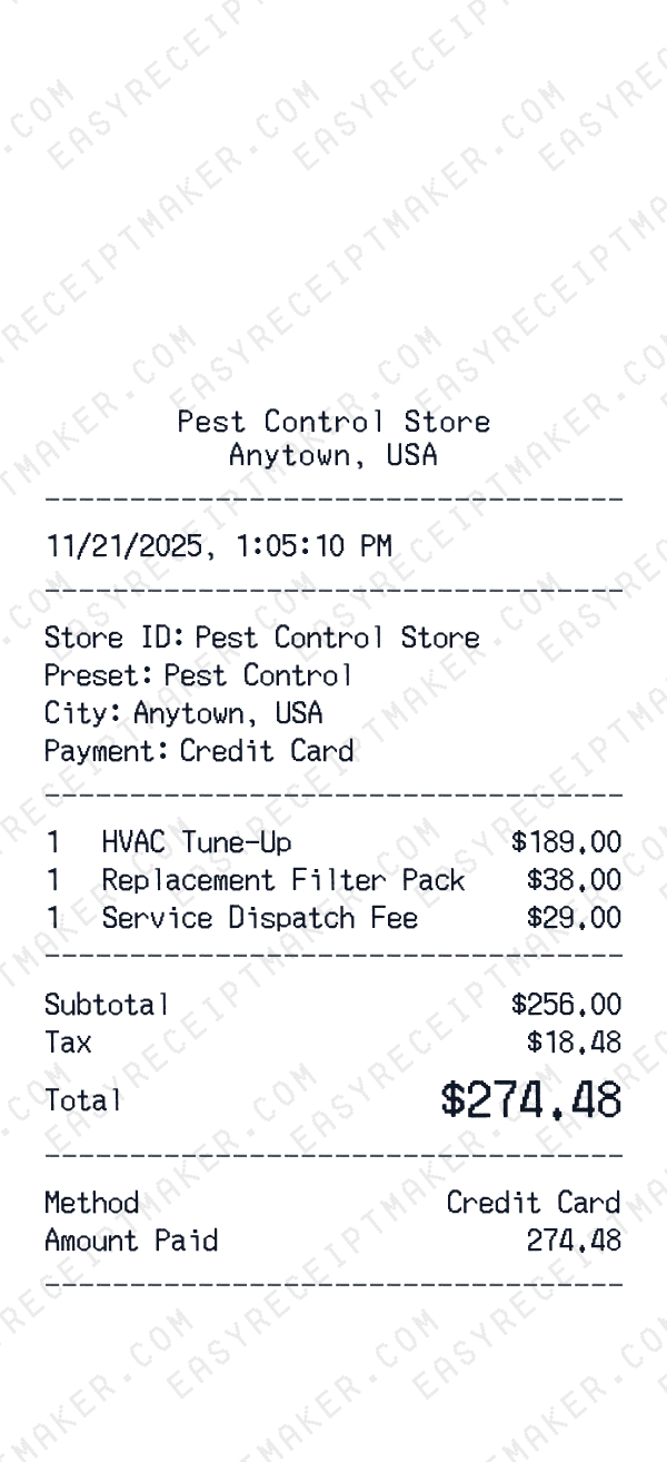 Pest Control receipt preview