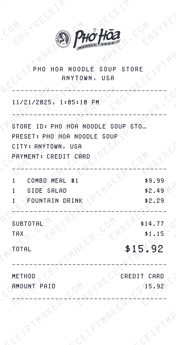Pho Hoa Noodle Soup receipt preview