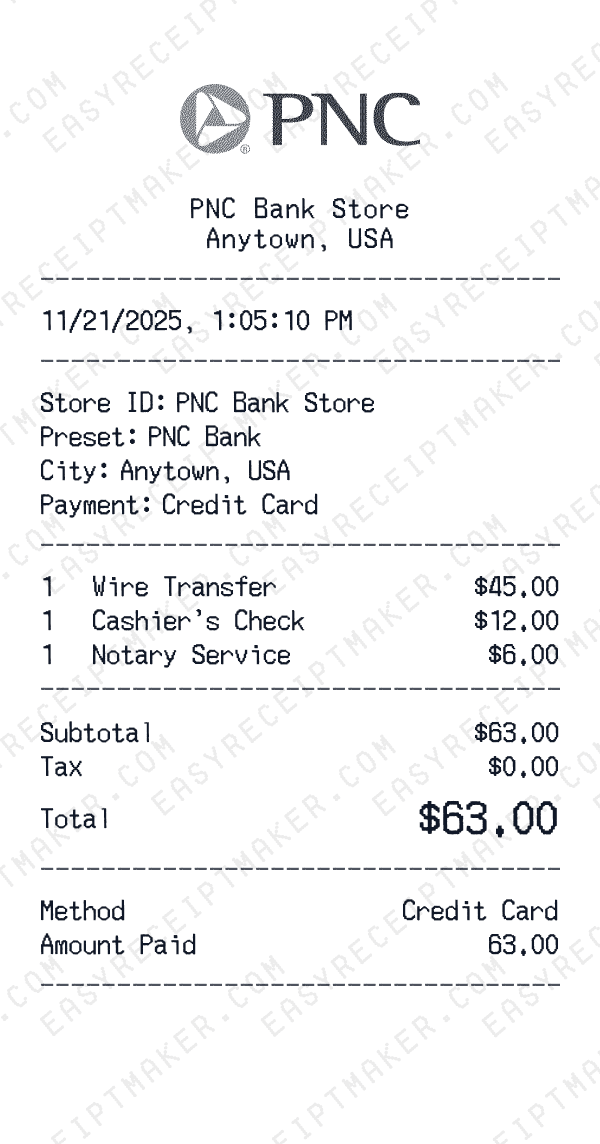 PNC Bank receipt preview