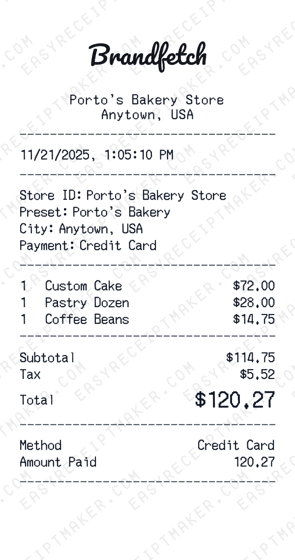 Porto's Bakery receipt preview