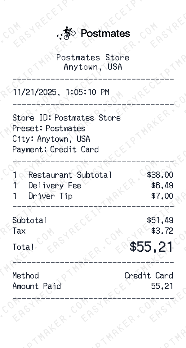 Postmates receipt preview