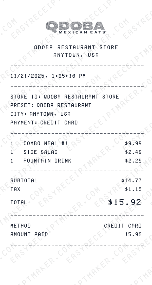 Qdoba Restaurant receipt preview