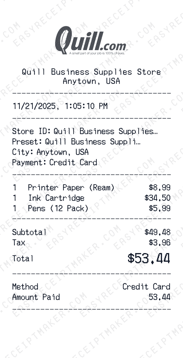 Quill Business Supplies receipt preview