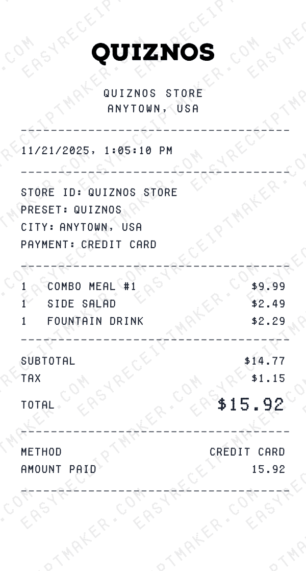 Quiznos receipt preview