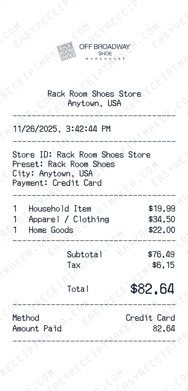 Rack Room Shoes receipt preview