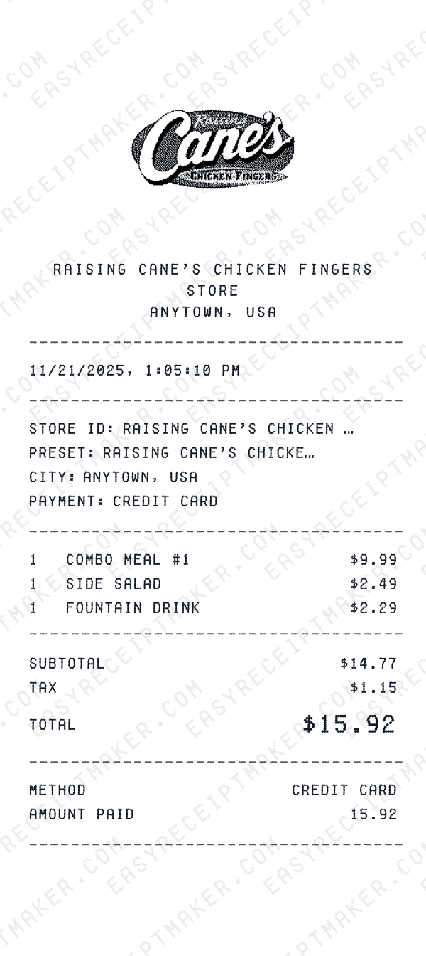 Raising Cane's Chicken Fingers receipt preview