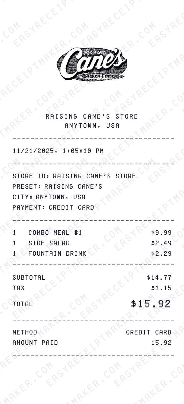 Raising Cane's receipt preview