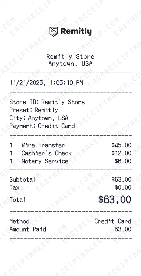 Remitly receipt preview