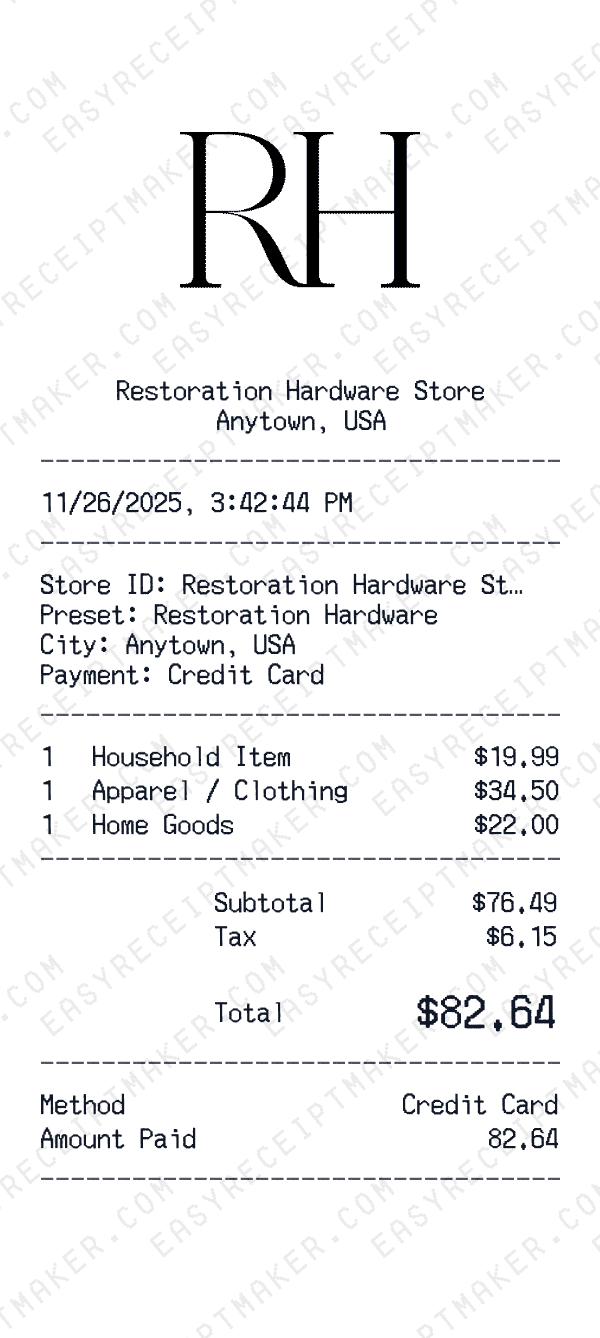Restoration Hardware receipt preview