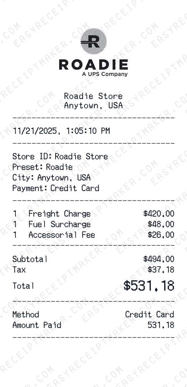 Roadie receipt preview