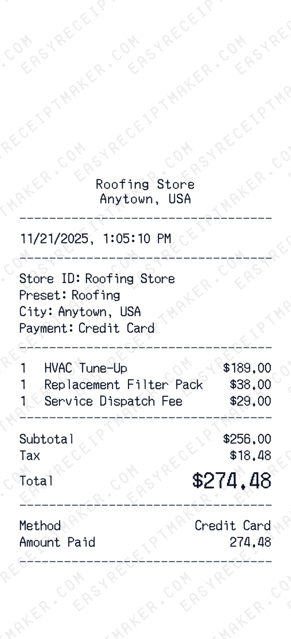 Roofing Receipt Template Generator Roofing receipt template generator preview
