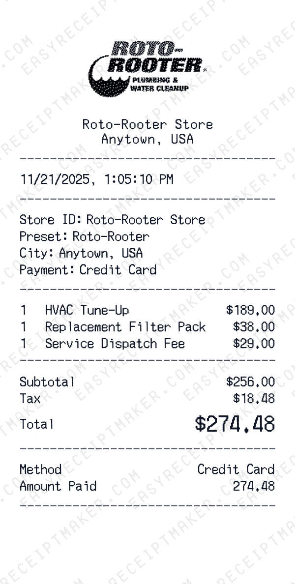 Roto-Rooter receipt preview