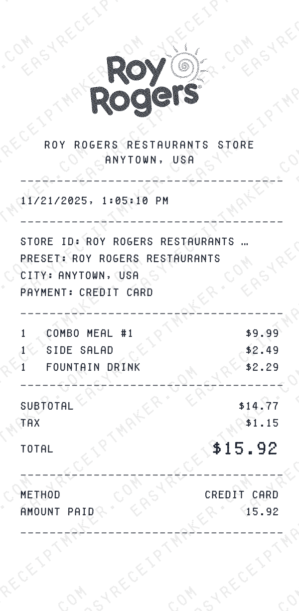 Roy Rogers Restaurants receipt preview