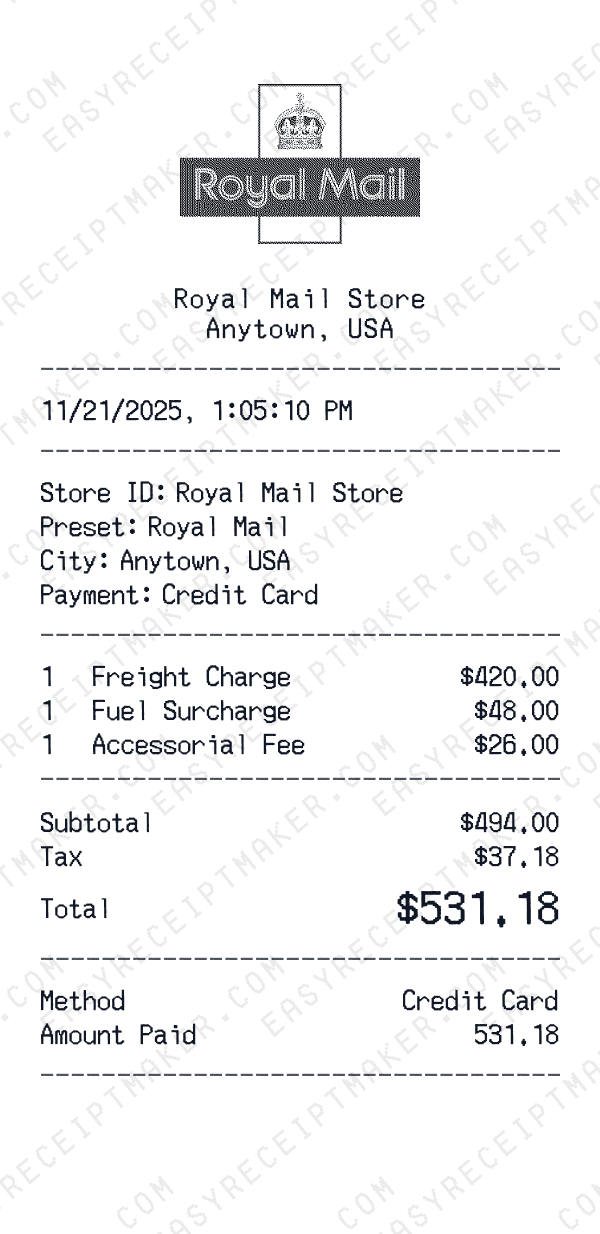 Royal Mail receipt preview