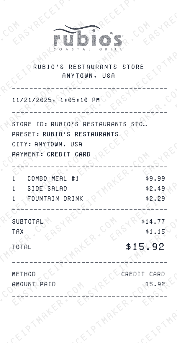 Rubio's Restaurants receipt preview