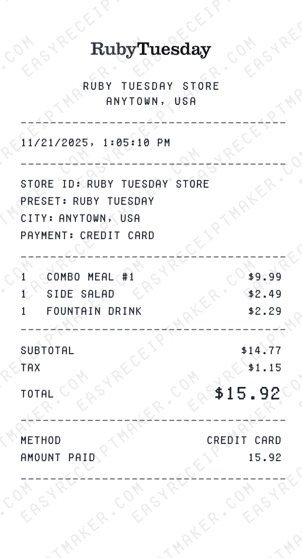 Ruby Tuesday receipt preview