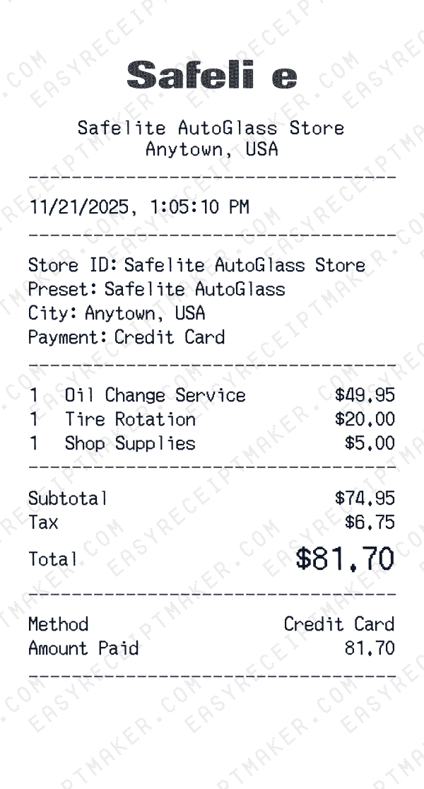 Safelite AutoGlass receipt preview