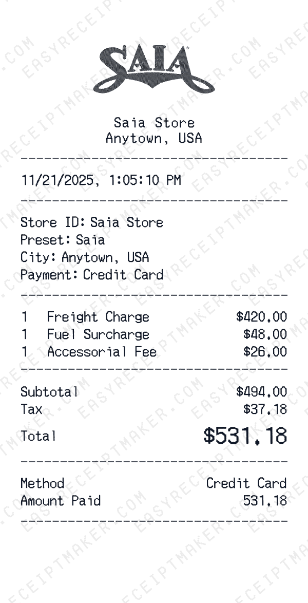 Saia receipt preview