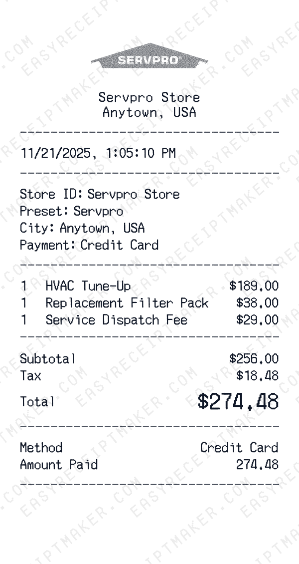 Servpro receipt preview