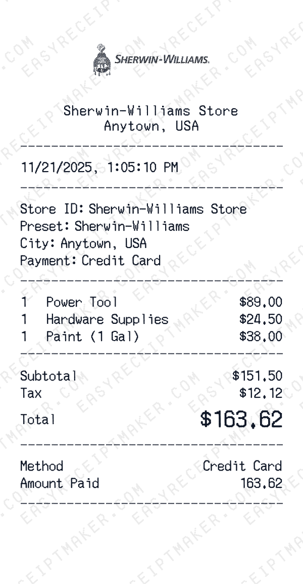 Sherwin-Williams receipt preview
