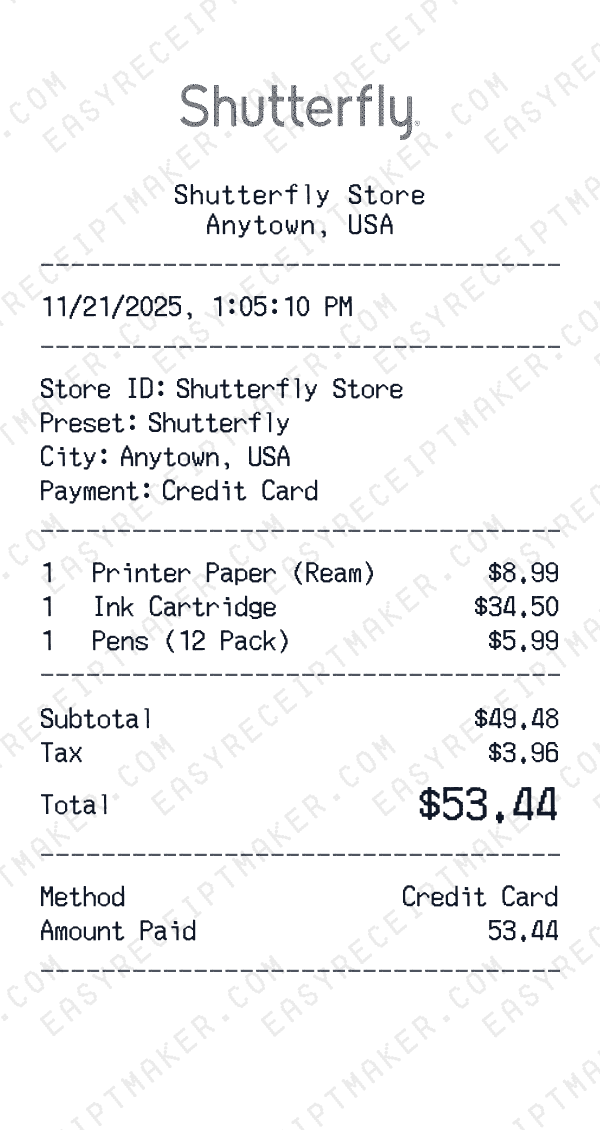 Shutterfly receipt preview
