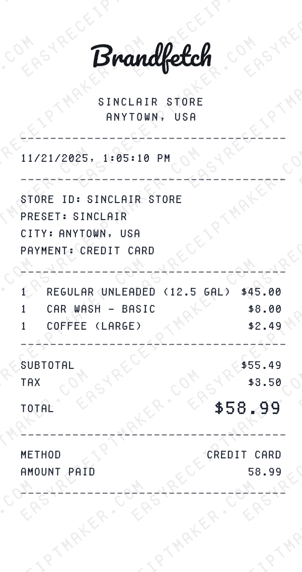 Sinclair receipt preview