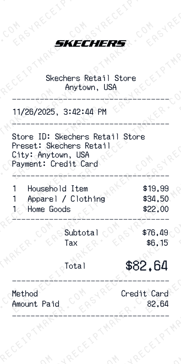 Skechers Retail receipt preview