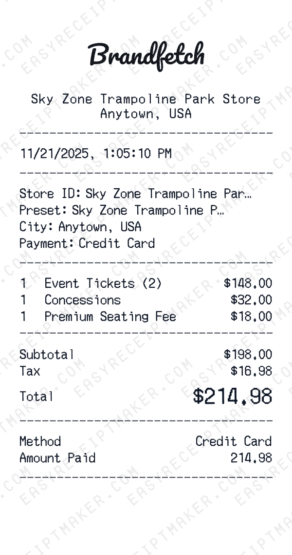 Sky Zone Trampoline Park receipt preview