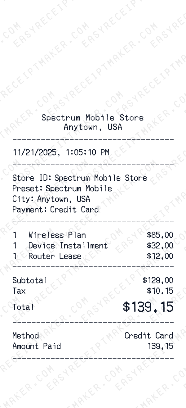 Spectrum Mobile receipt preview