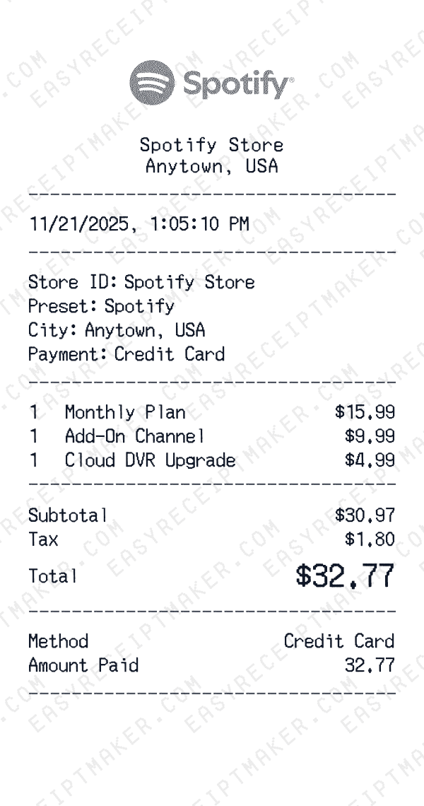 Spotify receipt preview