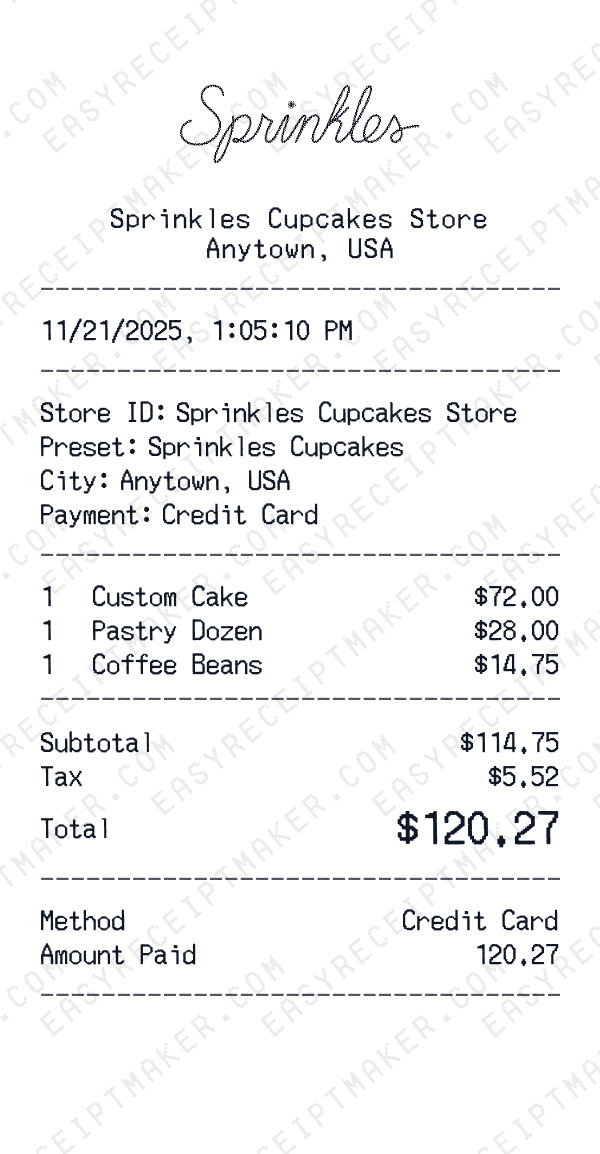 Sprinkles Cupcakes receipt preview