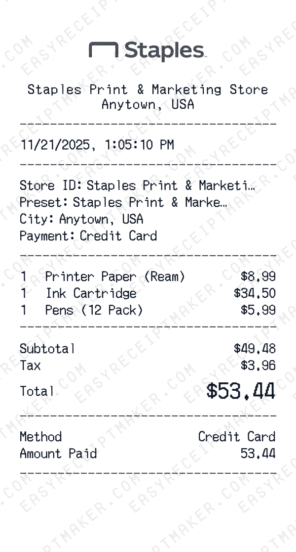 Staples Print & Marketing receipt preview