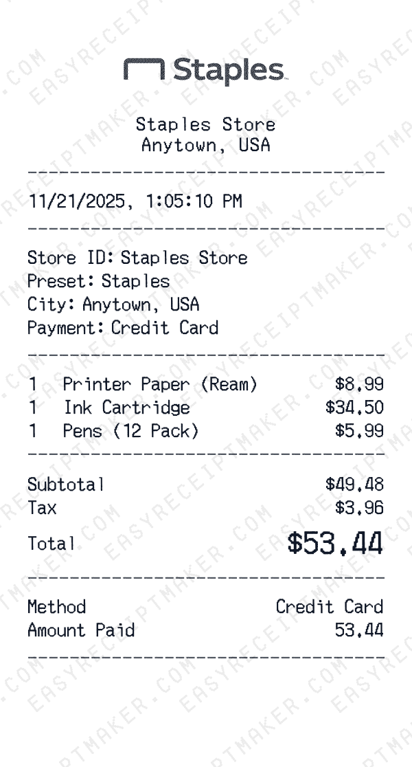 Staples receipt preview