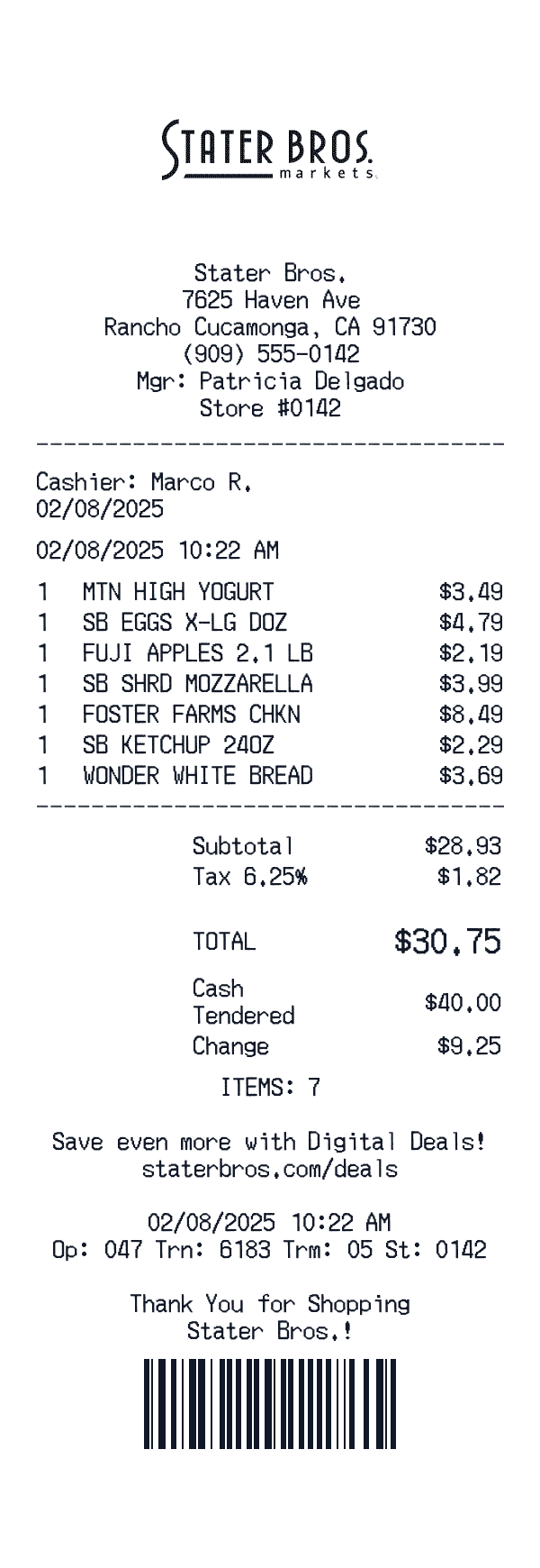 Stater Bros. Receipt Template Stater Bros. receipt template example - grocery receipt with itemized details, prices, and payment information