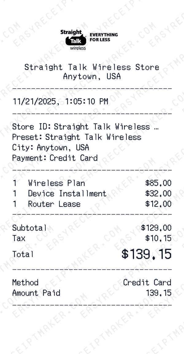 Straight Talk Wireless receipt preview
