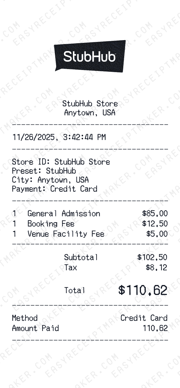 StubHub receipt preview