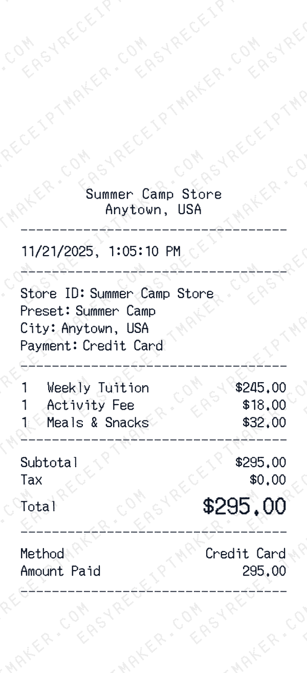 Summer Camp Receipt Summer Camp receipt template example