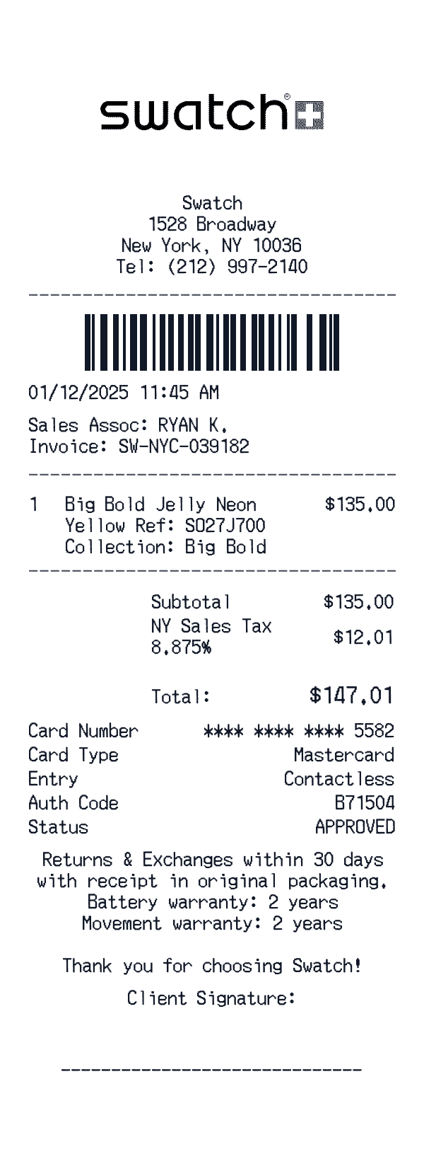 Swatch Receipt Template Swatch receipt template example - reseller & luxury receipt with itemized details, prices, and payment information