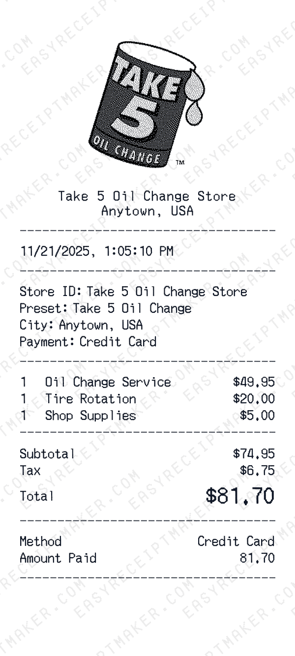 Take 5 Oil Change receipt preview