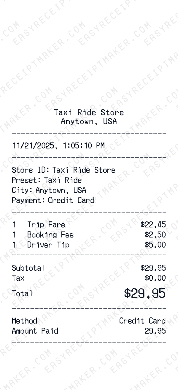 Taxi Ride receipt preview