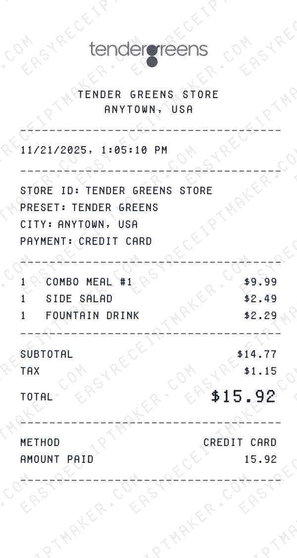 Tender Greens receipt preview