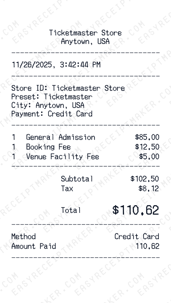 Ticketmaster receipt preview