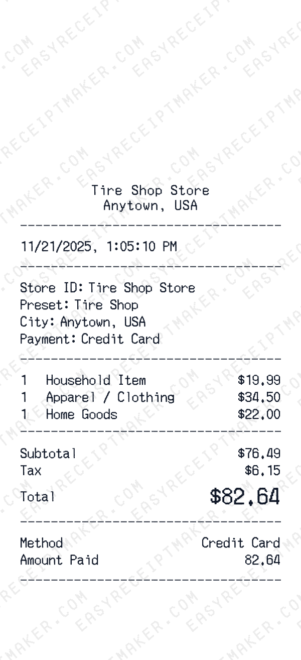 Tire Shop Receipt Template Generator Tire Shop receipt template generator preview