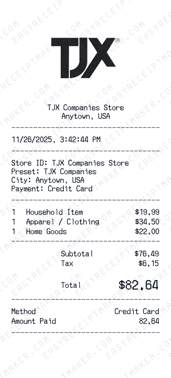 TJX Companies receipt preview